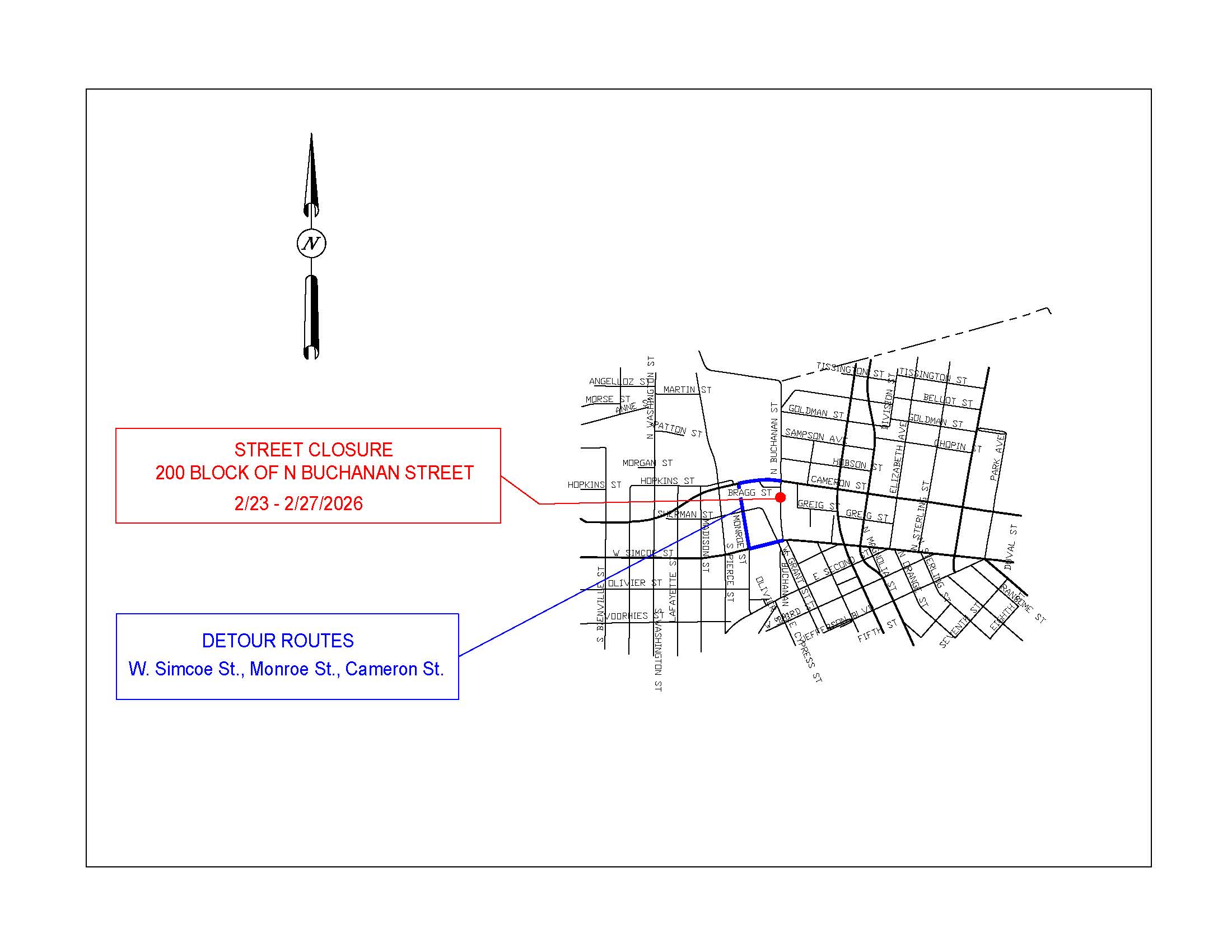 200 Block Of N Buchanan St Closure Feb 23 2026